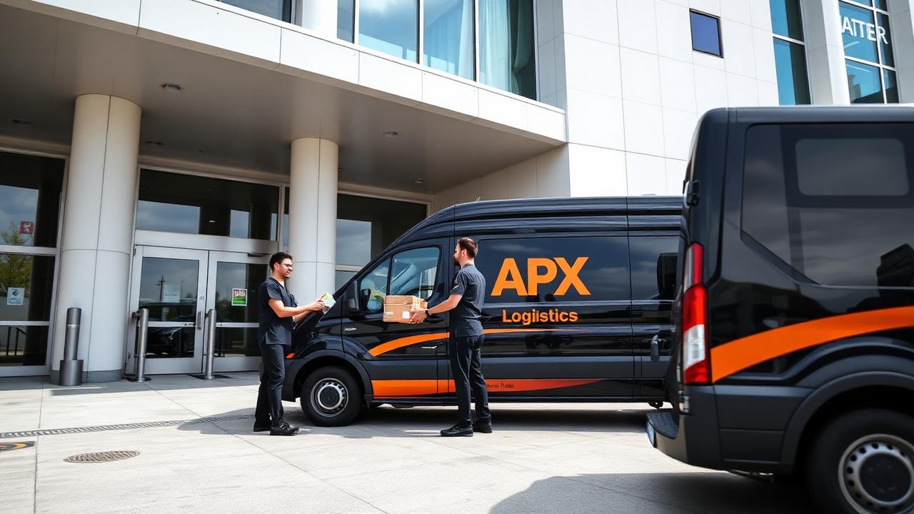 APX Logistics van at a hospital receiving dock serving the healthcare industry